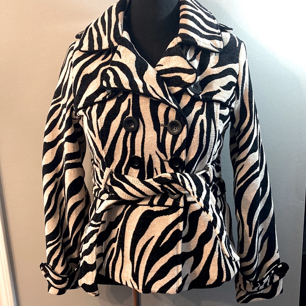 Zebra print double breasted coat with belt